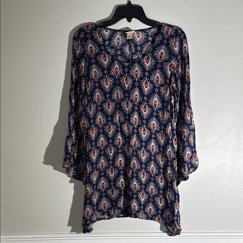 Mossimo Women's Navy Paisley Blouse Tunic Top 3/4 Sleeve
